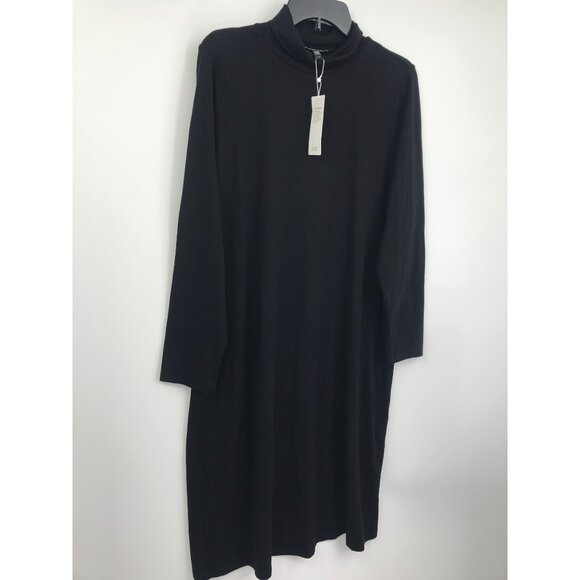 Eileen Fisher Stretch Jersey Knit Scrunch Neck Knee Dress Black Large NEW - Picture 4 of 9